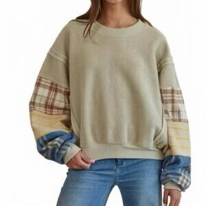 By Together Beige Crewneck Sweater with Plaid & Blue Accent Sleeves